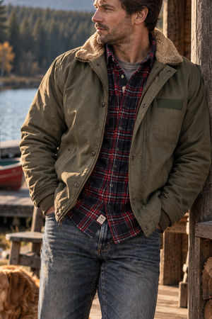 A man wearing an olive green fleece-lined jacket over a red and black plaid flannel shirt and blue jeans stands on a wooden dock by a lake, with a golden retriever lying nearby.