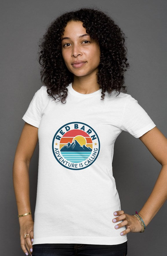 RED BARN ADVENTURE IS CALLING womens t shirt
