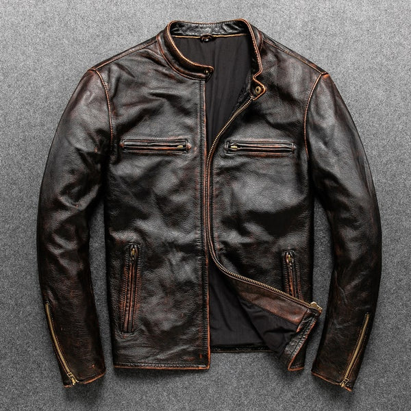 Vintage Classical Motorcycle Jackets Men Leather Jacket 100% Natural Calf Skin Thick Moto Jacket Winter Free Shipping