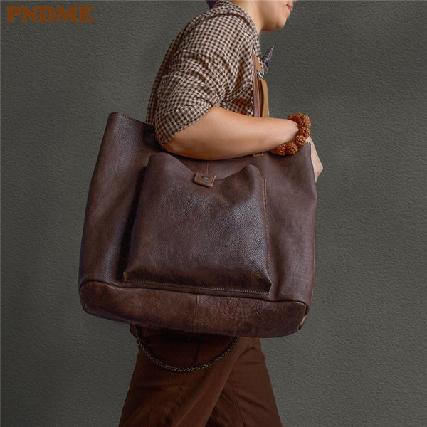 PNDME retro crazy horse cowhide men&#39;s large-capacity tote bag high-quality natural genuine leather shoulder bag travel handbag