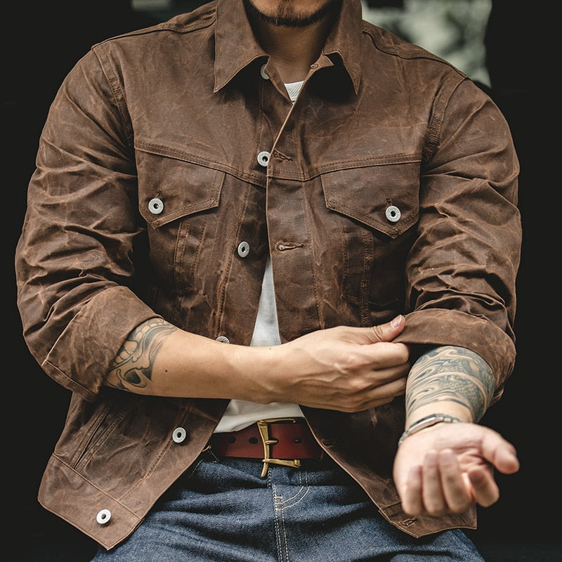RED BARN TAHOE Jacket Trucker Oil Waxed Canvas Cotton Jacket Waterproof Vintage Style Slim Fit